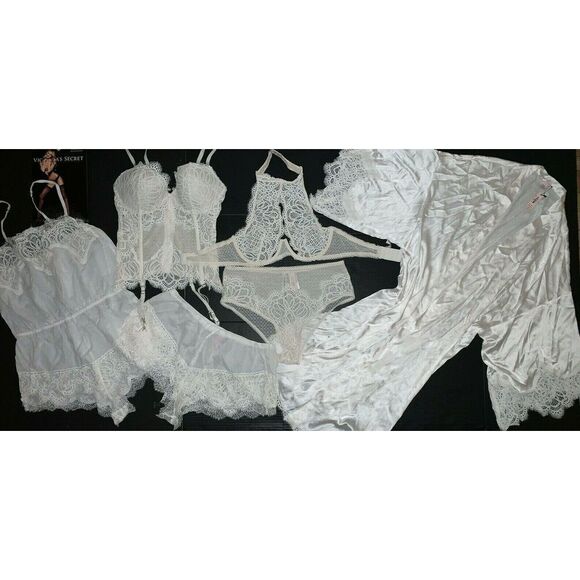 Victoria's Secret high-neck 36D BRA SET+GARTER CORSET+KIMONO robe White coconut